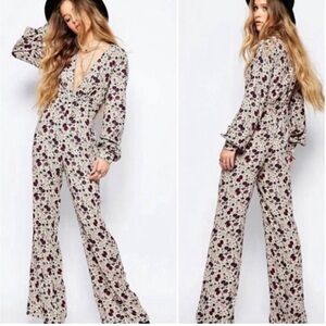 free people some like it hot floral print plunging v-neck jumpsuit